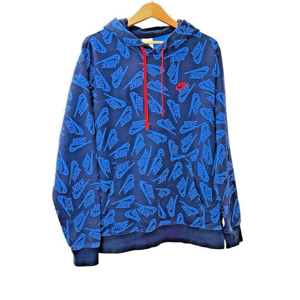 Nike Hoodie Mens Large Pre-Owned Pullover‎ Blue All Over Logo Fleece Sweatshirt